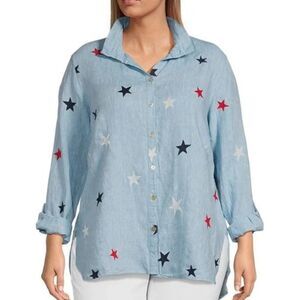 John Mark Stars Patriotic Embroidered Wire Collar Linen Button Shirt PXL